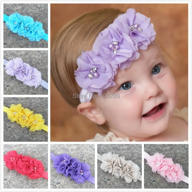 

Wholesale 20pcs Triple Chiffon Pearl Diamond Flower with a Shimmer Headbands Baby Flower Headband, Free Shipping