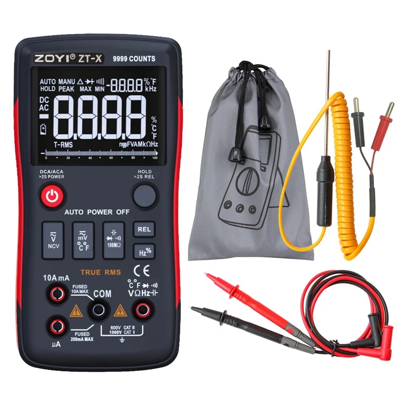 Portable AutoRange Digital Multimeter ZT-X 9999 Counts LCD Display AC DC Voltmeter True RMS NCV Diode Capacitor Ohm Data Hold