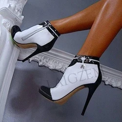 LAIGZEM Large Size 47 Women Short Boots Side Zip Black White Heeled Ankle Boots FASHION Custom Shoes Woman Botines Mujer 2020