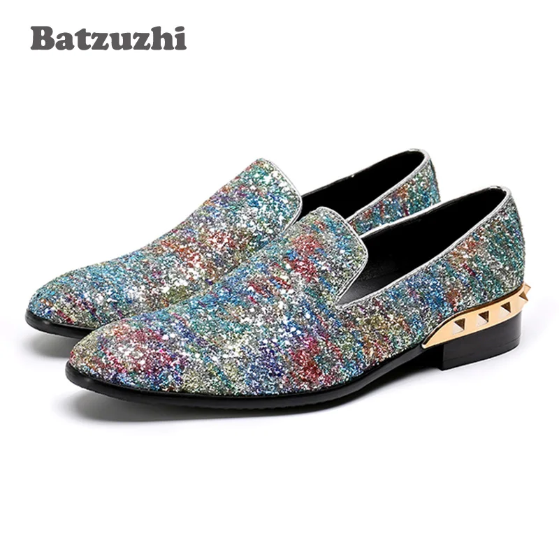 

Batzuzhi Luxury Italy Fashion Men Shoes Shinny Glitter Wedding Loafers Men Genuine Leather Men Dress Shoes Party, Big Size 38-46