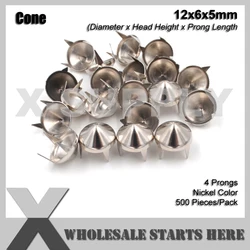 Punk DIY Metal Cone Stud 12mm in Silver(Nickel) with 4 Prong Claws for Leather Craft/Bag/Shoe/Clothing/Jacket