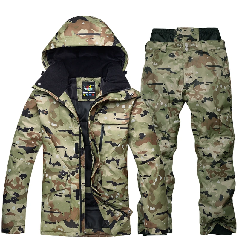 Ropa de nieve de camuflaje para hombres, conjuntos de traje de esquí, traje de snowboard, 10K impermeable, ropa de hielo cálida, chaquetas y