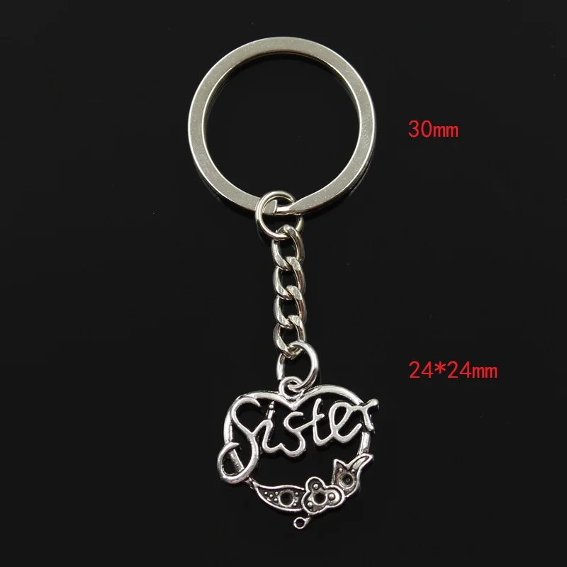 Fashion 30mm Key Ring Metal Key Chain Keychain Jewelry Antique Bronze Silver Color Plated Heart Sister Flower 24x24mm Pendant