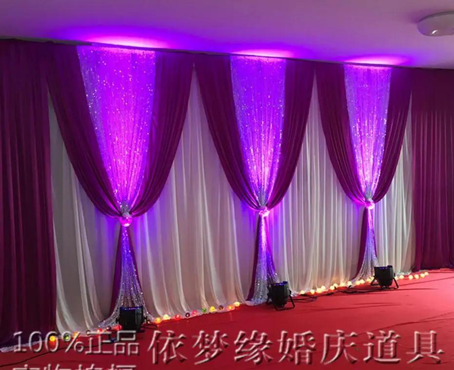 Ice Silk Wedding Backdrop Curtain Wedding Decoration Stage Backdround Pleats Curtain 10ftX20ft(3*6m) Silver Sequins Purple Swag