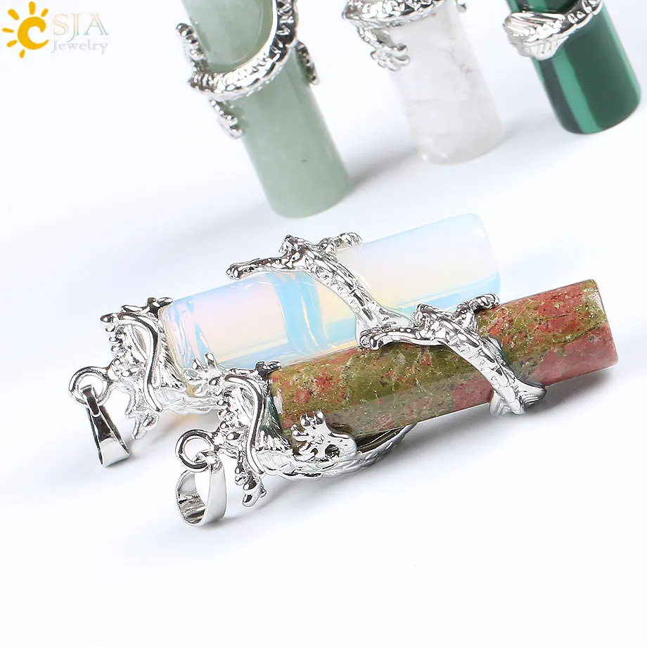 CSJA Reiki Dragon Wrap Drop Natural Stone Pendant Female Male Jewelry Opal Pink Quartz Gem Pendulum Amulet Jewellery E181