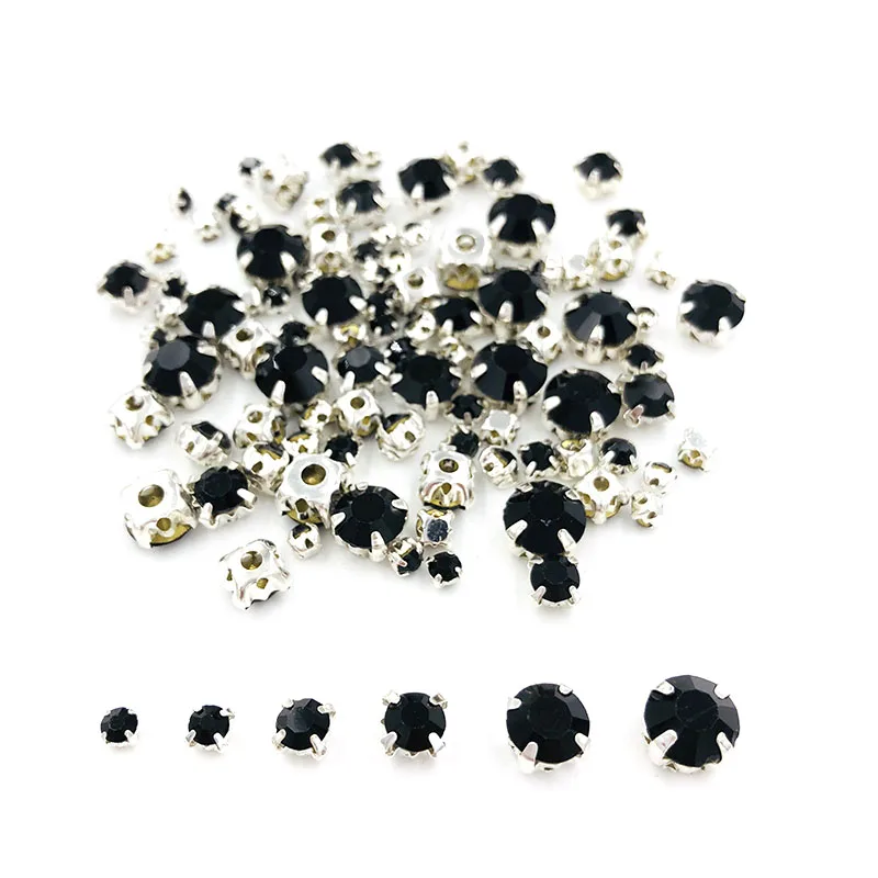 New Hot sale Garment beads 100pcs/pack Mixed size Black glass crystal sliver base sew on rhinestones diy clothing accessories