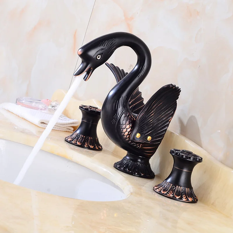 Widespread Basin Faucets Brass luxury Golden/Black Bronze Swan Deck Mounted Bathroom Sink Faucets 3 Hole Hot And Cold Water Taps