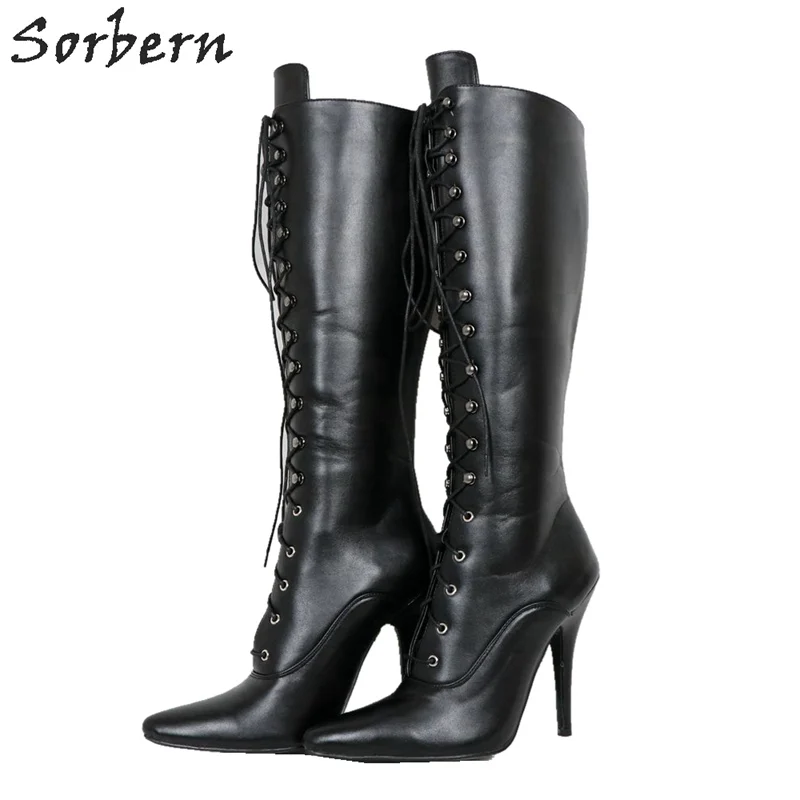 Sorbern Mode Kniehohe Stiefel Für Frauen Lace Up Nach Breite Fit Kalb Stiefel Frauen Schuhe Größe 42 Große Größe harte Welle Boot