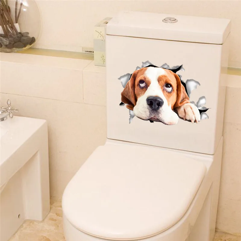 Cat Dog Toilet Stickers Vivid 3D Look Wall Decals Funny Animals Home Decoration Poster Diy Pvc Bathroom Mural Art