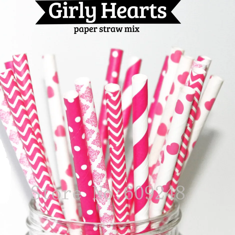 125 Pcs Mix Colors Girly Hearts Paper Straws,Hot Pink Heart and Damask,Deep Pink Striped,Chevron,Dot,Wedding Birthday Party Bulk