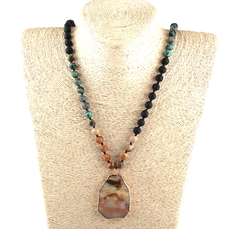 Fashion 8mm Semi Precious Stones lava 3 color Knotted Stone Pendant Necklace