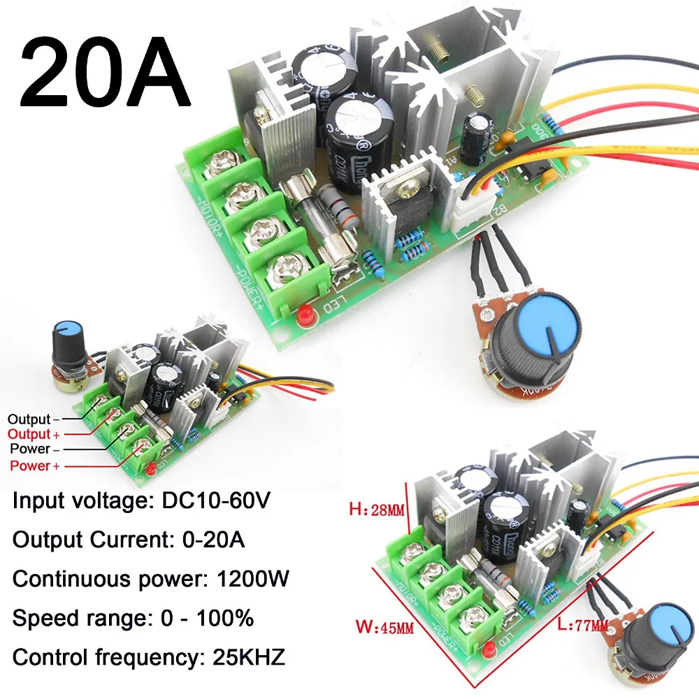 

1Pc DC Motor Wide Voltage PWM High Speed 10V-60V Max 20A 1200W Frequency 25Khz LED Dimmer for DIY Panel LED Strip Light