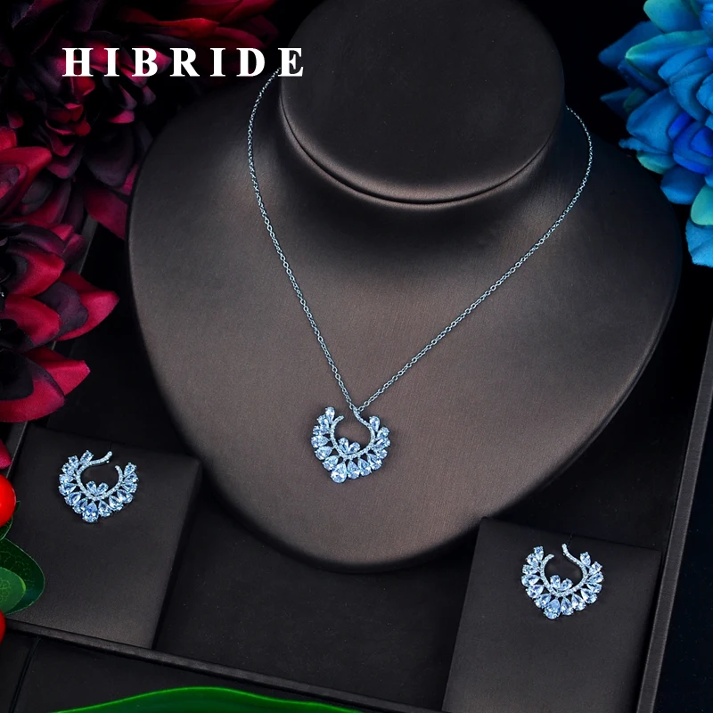 

HIBRIDE New Arrival Flower Design AAA Cubic Zircon Pendent Jewelry Set White Gold color Crystal Small Jewelry Set N-670