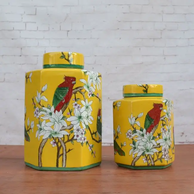 Tao Caicai painted pastel porcelain ceramic pot European tea yellow flower ornaments Home Furnishing porcelain jar