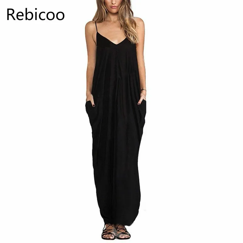 Lato Vestidos kobiety sukienka Boho bez ramiączek v-neck bez rękawów w stylu Baggy, długa Maxi sukienki seksowna letnia sukienka plażowa szata Femme