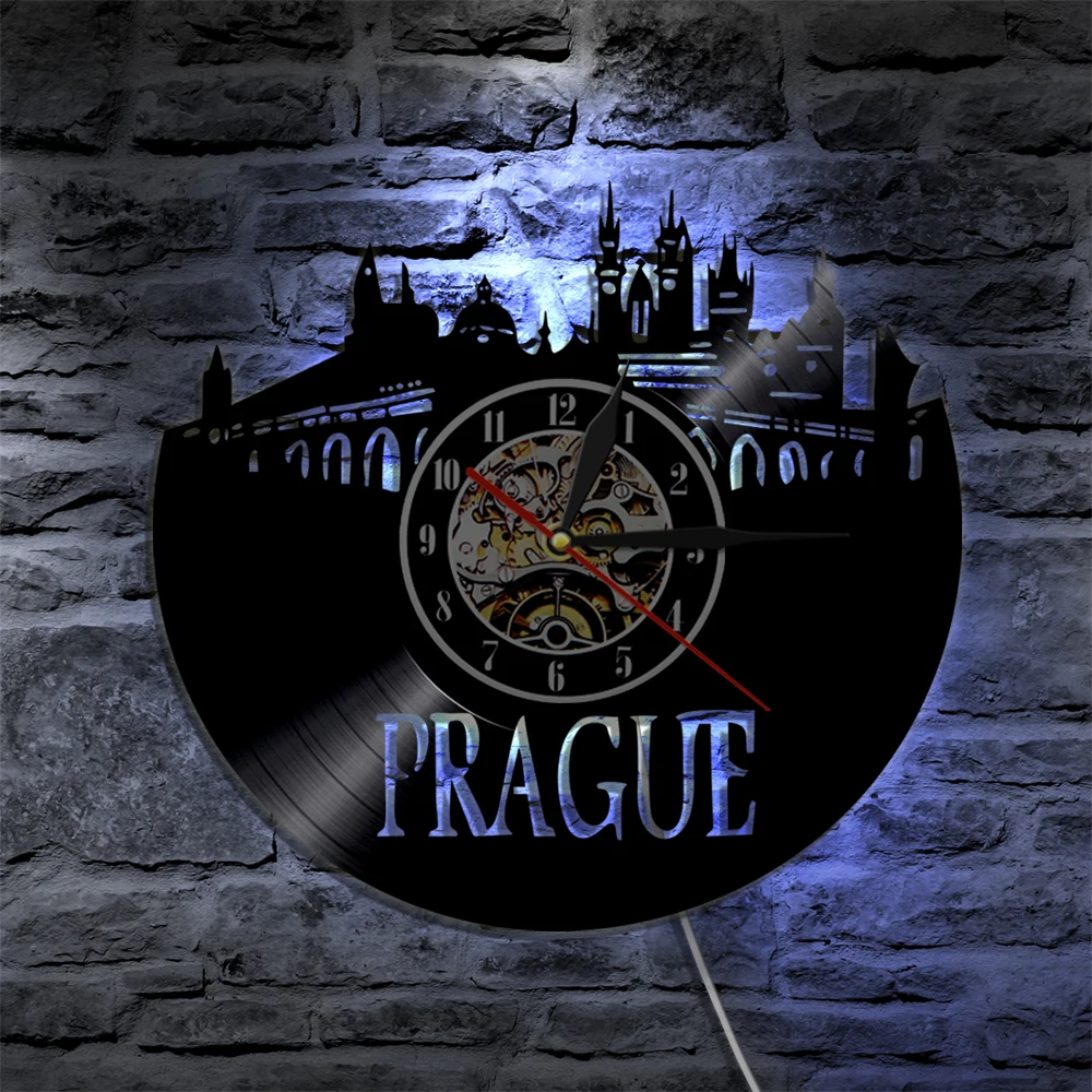 PRAGUE Wall Clock Czech Republic City Led Light LP Modern Led Backlight Cool Living Room Interior PRAGUE Tourist Gift