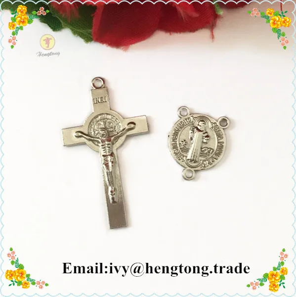 Free ship cheap 30sets plated sivler religious rosary parts & pendants catholic rosary Jesus cross & Saint Benedict center piece