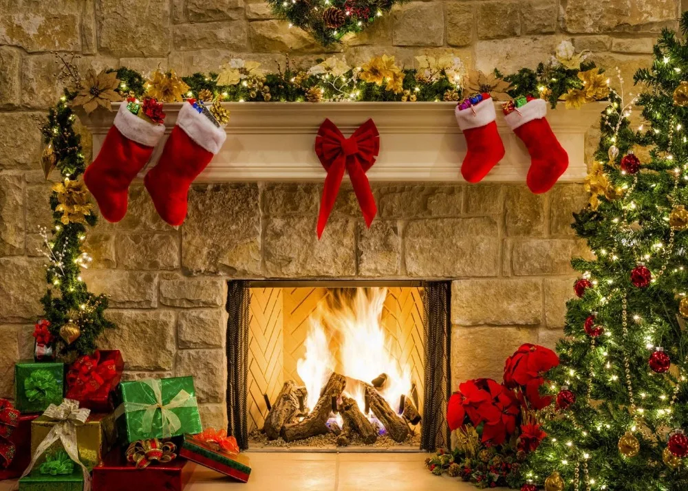 Capisco – arrière-plan de photographie d'arbre de noël, mur de brique, chaussettes de père noël, accessoires de Studio Photo