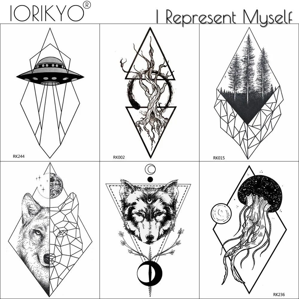 Waterproof Triangle Wolf Tattoo Stickers Women Arm Spaceship Temporary Tattoo Men Geometric spacecraft Tree Fake Tatoos Rhombus