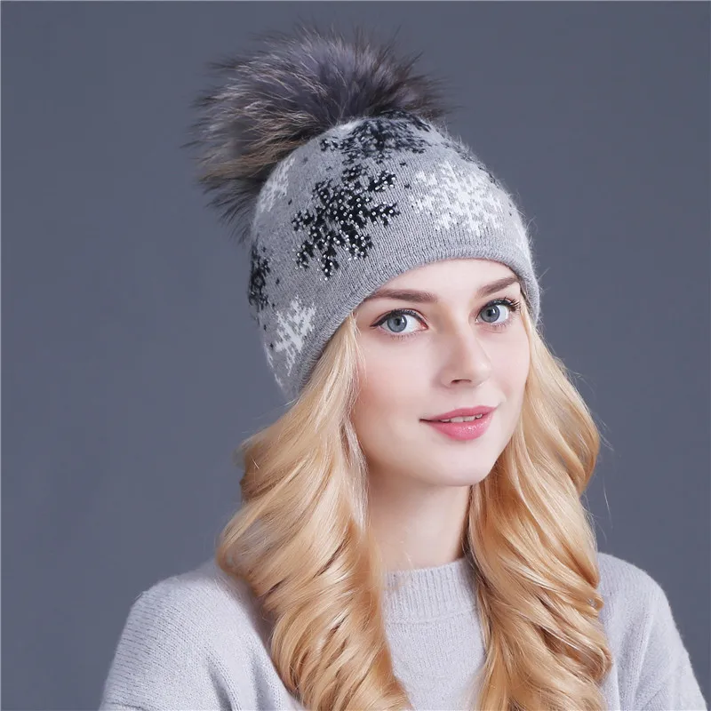 Xthree Real Mink Pom Poms Wool Rabbit Fur Knitted Hat Skullies Winter Hat for Women Girls Hat Beanies Christmas snow Hat