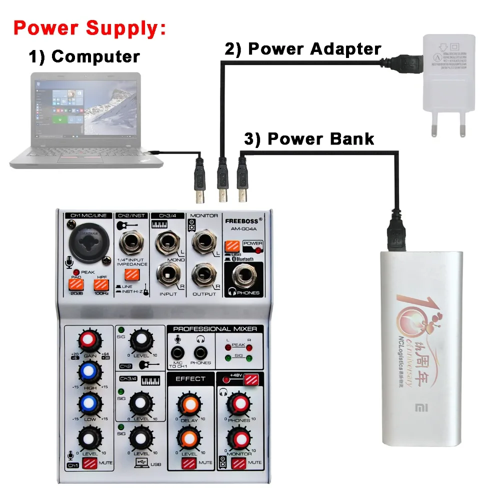 Imagem -02 - Console de Mistura de Canais Gravação Bluetooth Usb Jogador de Computador Inserção de Linha de Mic Som Estéreo Mixer de Áudio de Mesa Am-g04a Boss4