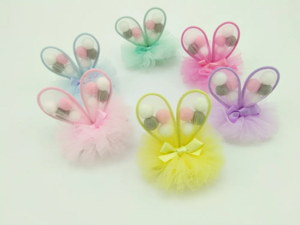 Boutique 30pcs Fashion Cute Pom Pom Rabbit Ears Hairpins Kawaii Solid Lace Hair Bow Animal Ears Hair Clips Headwear Accessories