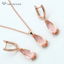 S&Z 6 Color Long Water Drop Dangle Zircon Earrings Jewelry Set 585 Rose Gold Color  For Women Korean Fine Wedding Party Jewelry