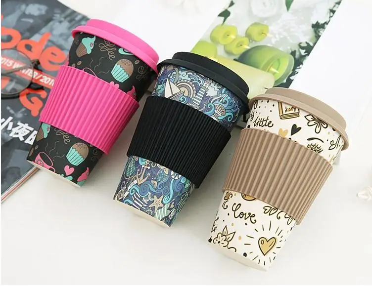 80 pcs/lot Eco-friendly Bamboo Fiber Coffee Cup with Reusable Silicone Lid and Sleeve Drinks Cup Travel Gift SN552