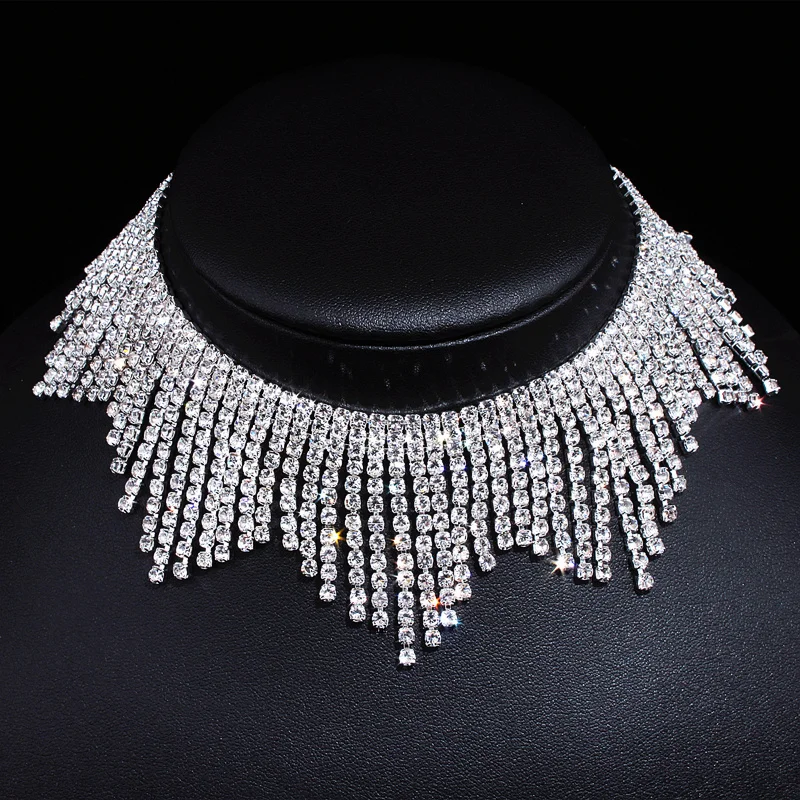 New Fashion Rhinestones Tassel Collar Choker Necklaces For Women Luxury Wedding Jewelry Crystal Statement Necklaces & Pendants