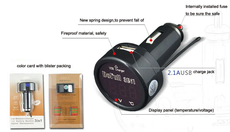 Monitor de encendedor de cigarrillos de coche, termómetro Digital de voltaje de batería, cargador de coche USB 3 en 1 para teléfono móvil, teléfonos móviles Apple