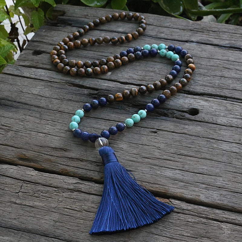 

8mm Tiger's Eye And Dyed Lapis Mala Beads Necklace, Bring Optimism JaPaMala, 108 Bead Mala, Mala Jewelry, Mala Prayer Beads