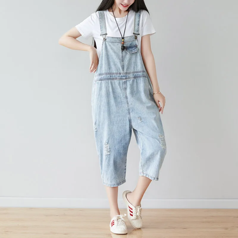 

Thin Denim Jumpsuits Women casual Jeans overalls oversized hole ripped baggy Cowboy Romper Bib Suspenders Wide leg Bodysuits