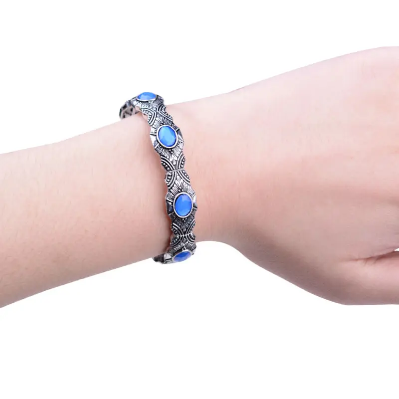 Antique Silver-Color Charm Bracelet Women Boho Blue Resin Stone Carved Elastic Femme Bracelets Bijoux Bangles Wristband