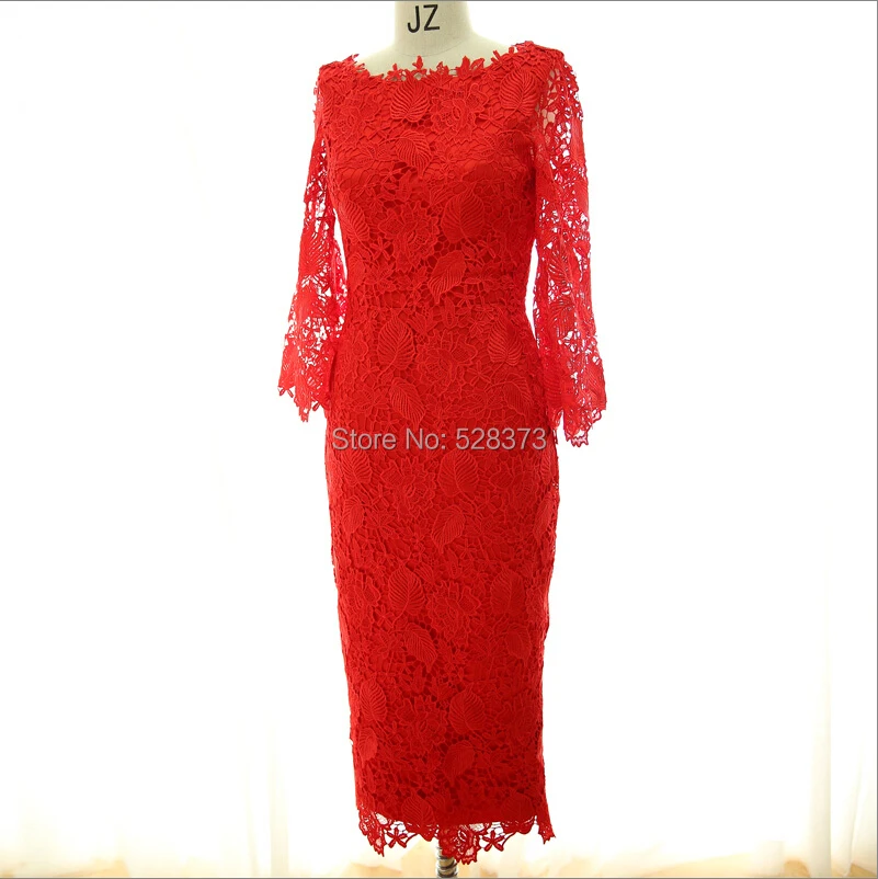 YNQNFS MD4 Real Photos Mermaid Tight 3/4 Sleeves Tea Length Mother of the Bride/Groom Lace Dresses Outfit Red