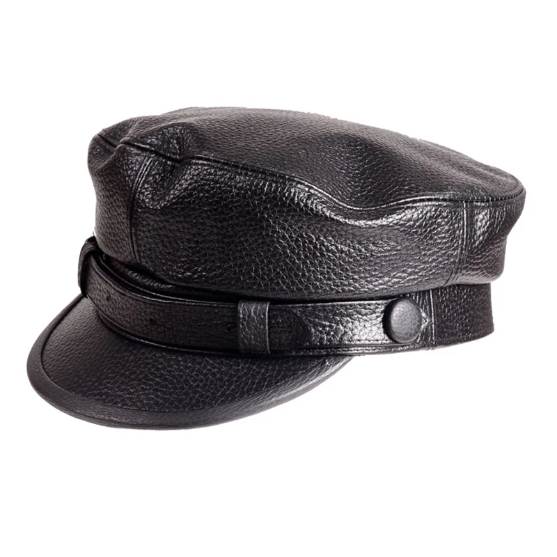 Unisex South Korean Style Genuine Leather Fitted Flat Military Hat For Man Woman Personality Locomotive Punk Black Baseball Caps