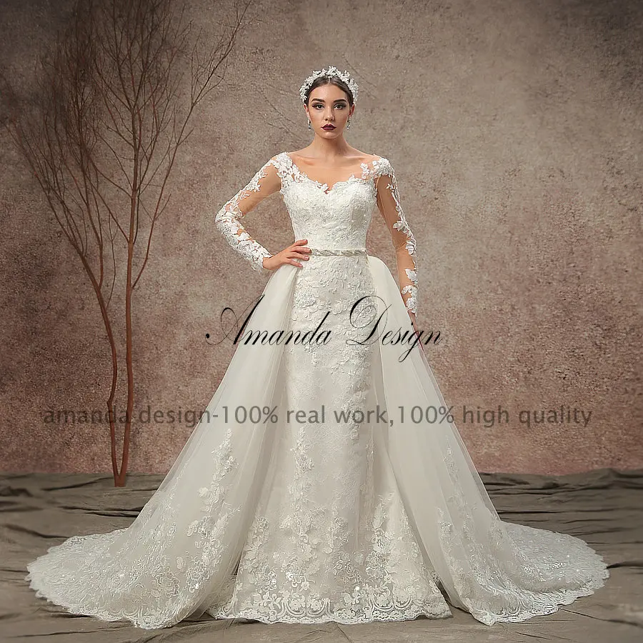 Amanda Design nikah elbiseleri Long Sleeve Lace Applique Mermaid Wedding Dress with Detachable Skirt