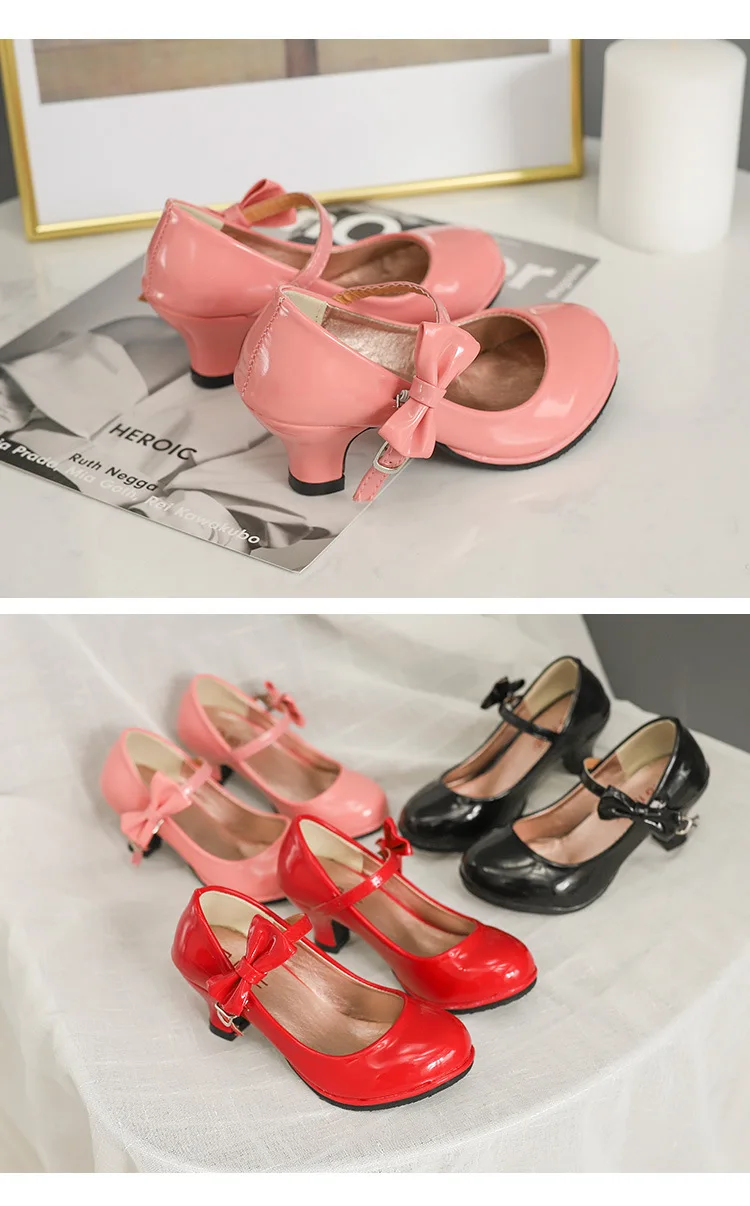 Chaussures de mariage brevetées pour enfants, sandales à talons hauts, chaussures de princesse, printemps, rose, rouge