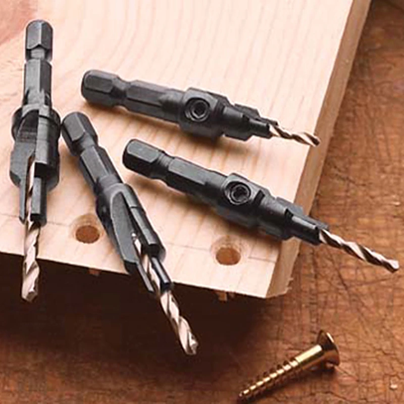 Brocas avellanadas HSS 1/4, vástago hexagonal, herramienta de Tapper para carpintería, Agujero Piloto de madera, tamaño #6 #8 #10 #12, con una llave, 4 piezas