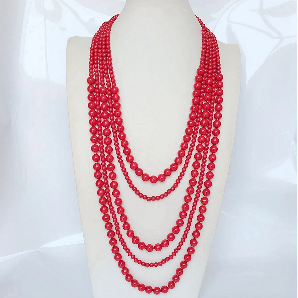 Red Fashion Statement Five Layers Acrylic Beaded Necklace For Female Girls