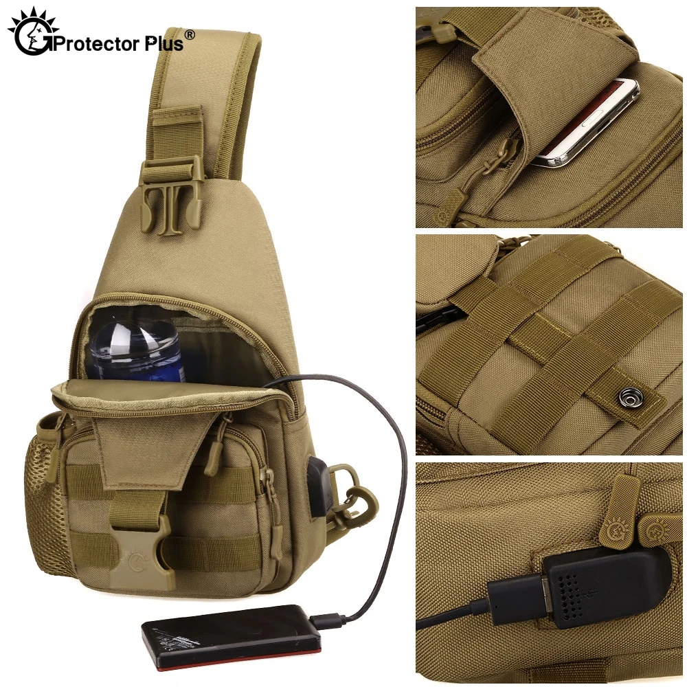 PROTECTOR PLUS Outdoor  Tactical USB Charging Chest bag Camouflage Men\'s Shoulder Crossbody Bag Travel Camping Cycling