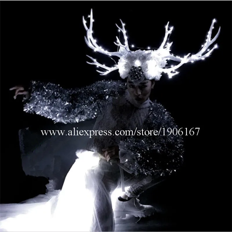 

White Antlers Stage Ballroom Costume Led Light Up Antlers Head Clothing Party Christmas Performance DJ Singer Clothes Dance Suit