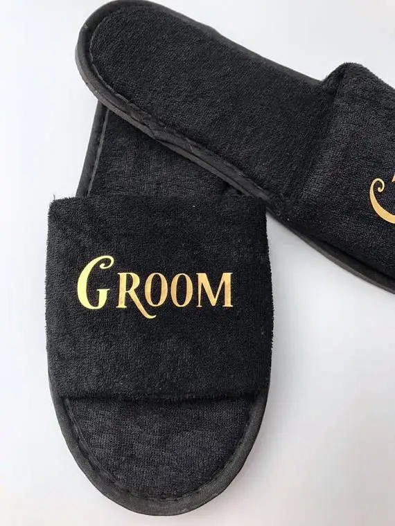 

custom black wedding honeymoon bride groom spa slippers day groomsman bridesman hen night Bachelorette party favors gifts