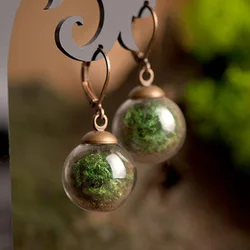 2Pairs 16MM Glass Ball Real Moss Earring Green Jewelry Natural Moss Dangle Earrings For Women