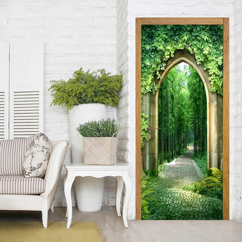 

Green Forest Landscape Door Sticker 3D Living Room Study Home Decor Wallpaper Door Mural PVC Waterproof Papel De Parede