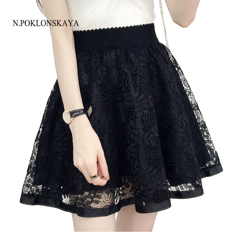 

Women Tulle Lace Skirt 2018 New Spring Summer Elastic High Waist Short Mini Pleated Skirts Womens lolita Girls Tutu Shorts Skirt