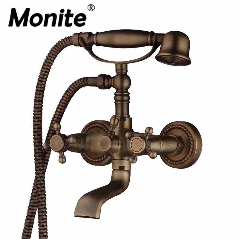 

Monite Wall Mounted Antique brass Shower Set Head & Hand Shower Bathroom Double Handle Dual Hole Bathtub Faucets Shower Set