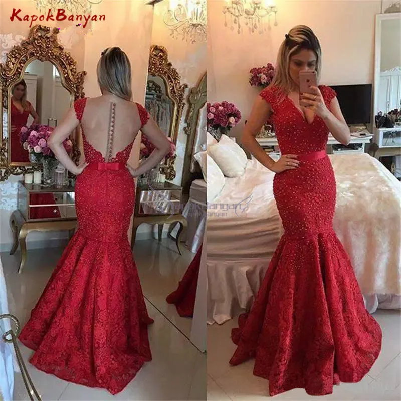 Corpiño de sirena para baile de graduación, vestido rojo de perlas de encaje sin espalda, Sexy con cremallera y botones, 2019, sin mangas