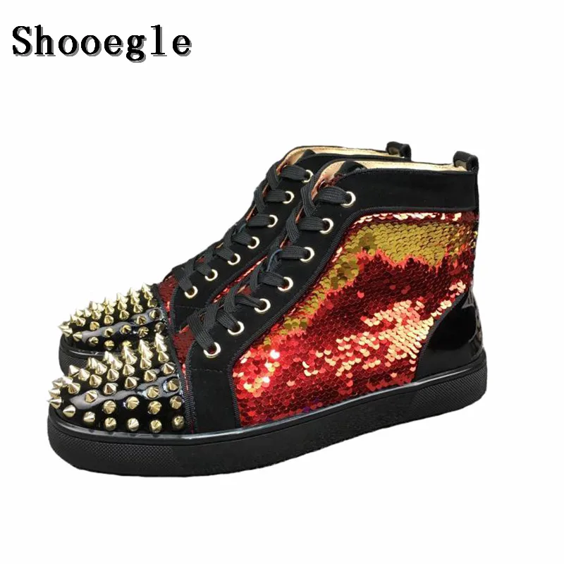 SHOOEGLE New Men Sequins Rivets Shoes Fashion Studs Mens Hightop Sneakers Espadrilles Lace-up Platform Flat Casual Shoes EU39-47