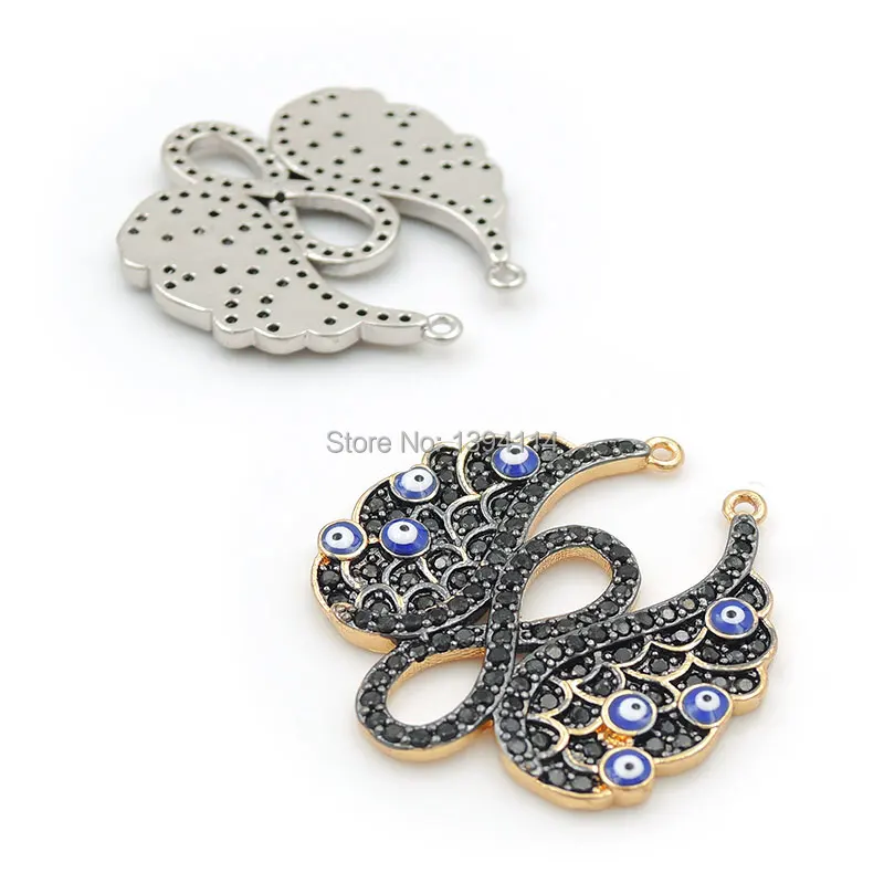 25*25*2mm Micro Pave Black CZ 2 Wings&Infinity Charm Enamelling 8 Blue Eyes Of Double Circles For Women As Necklaces Accessory