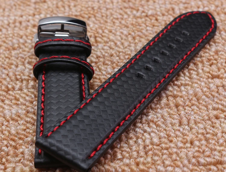Watch band 18mm 20mm 22mm 24mm Popular Red Stitching Carbon Fiber Fabric Replacement Genuine Leather Watchb and Starp Bracelets